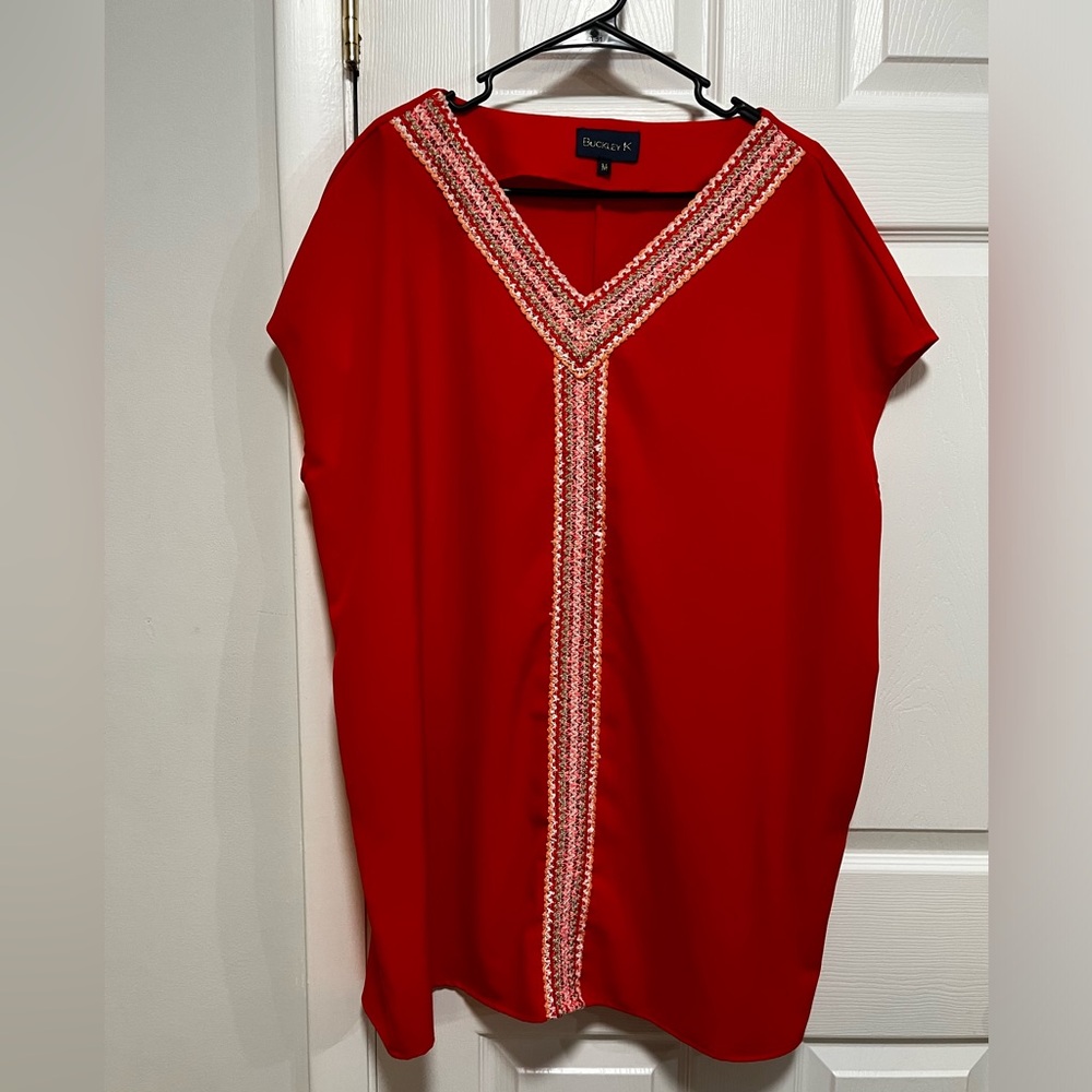 Buckley K Red Tunic with Embroidered Trim Pockets – Size M - Picture 2 of 10